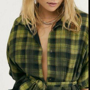 Free People Poncho Shirt Tunic Plaid Flannel Ombre Remove Belt Green Black L NEW